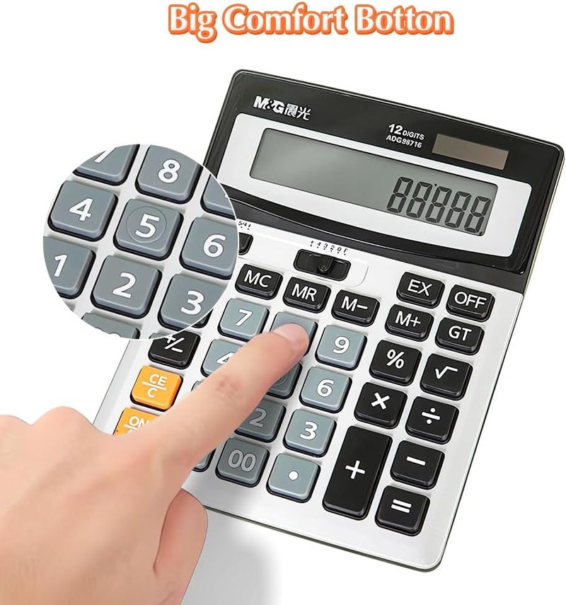 MG Desk Calculator 12 Digit Extra Large LCD Display Calculators, Dual Solar Power and Battery, Battery Included, Metal Panel Comfort Button Calculator for Office Home - Image 2
